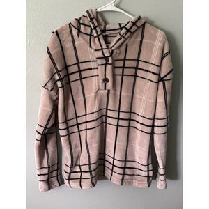Como Blu Womens Large Beige Black Plaid Fuzzy Fleece Pullover Hoodie NO FLAWS